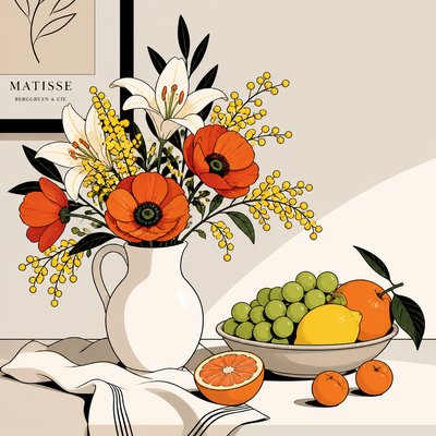 still life arrangement of fruits and flowers