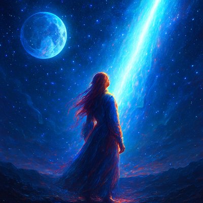Digital Art Style, Romanticism Art Style, an overwhelmingly majestic and spiritually transformational painting inspired by Psalm 8:3-6. The scene captures a sweeping, sublime night sky, featuring a visible, prominent moon and countless brilliant stars, all rendered with luminous, dramatic glow. In the foreground, standing small against the infinite scale of the cosmos, is a solitary woman with long red hair, wearing simple, flowing attire. She is gazing upward, and a blinding shaft of pure, ethereal divine light—representing the glory and presence of the Lord—breaks through the veil of the deepest heavens, bypassing the moon and stars. This light dramatically envelops and transforms the woman, causing her clothing and hair to visibly glow with celestial energy. The artwork uses extreme digital chiaroscuro to emphasize the moment of spiritual encounter, with the vast sky and surrounding earth serving as a dark backdrop to the radiant divine presence. Focus on the sublime scale of the cosmos, the electrifying, transformative power of the pure divine light, and the solitary woman's luminous spiritual encounter against the immense majesty of the creation.
