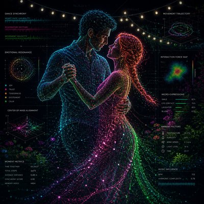 an original couple dancing under string lights in a garden at dusk: a man with short black hair in a linen shirt and a woman with braided red hair in a summer dress