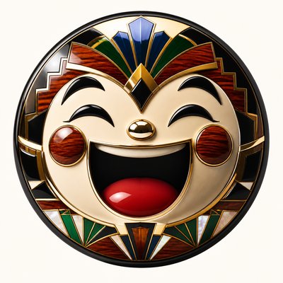 an exaggerated laughing face of an original round mascot character, bold and readable at small size, plain background, no text