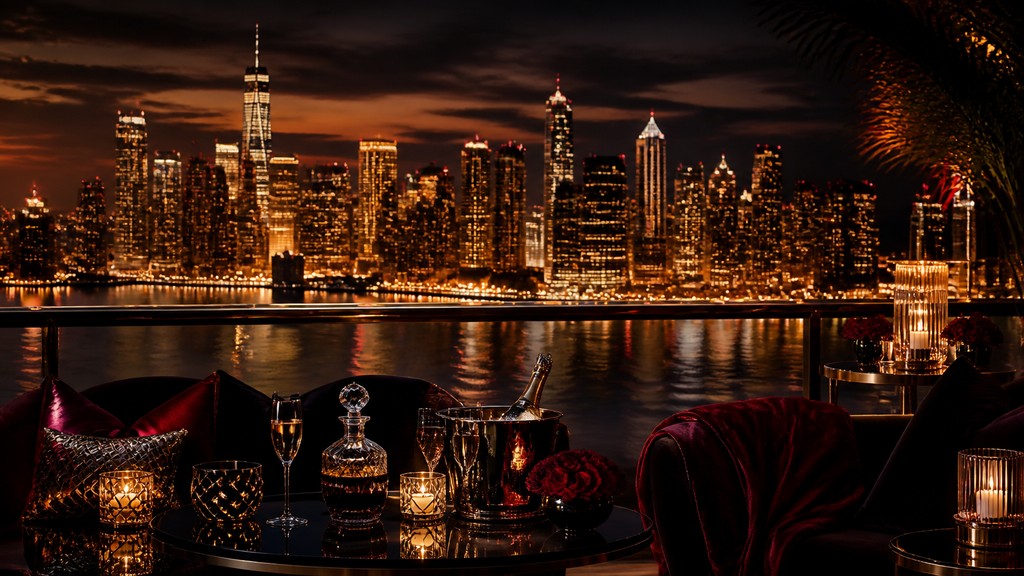 a city skyline panorama at dusk with glowing windows, no people