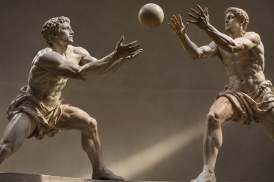 two ancient greek athletes catching a ball 