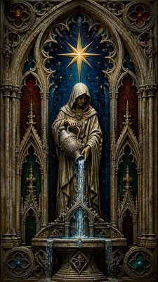 a robed figure pouring water beneath a large eight-pointed star in a night sky, symmetrical composition with an ornate decorative border, no text