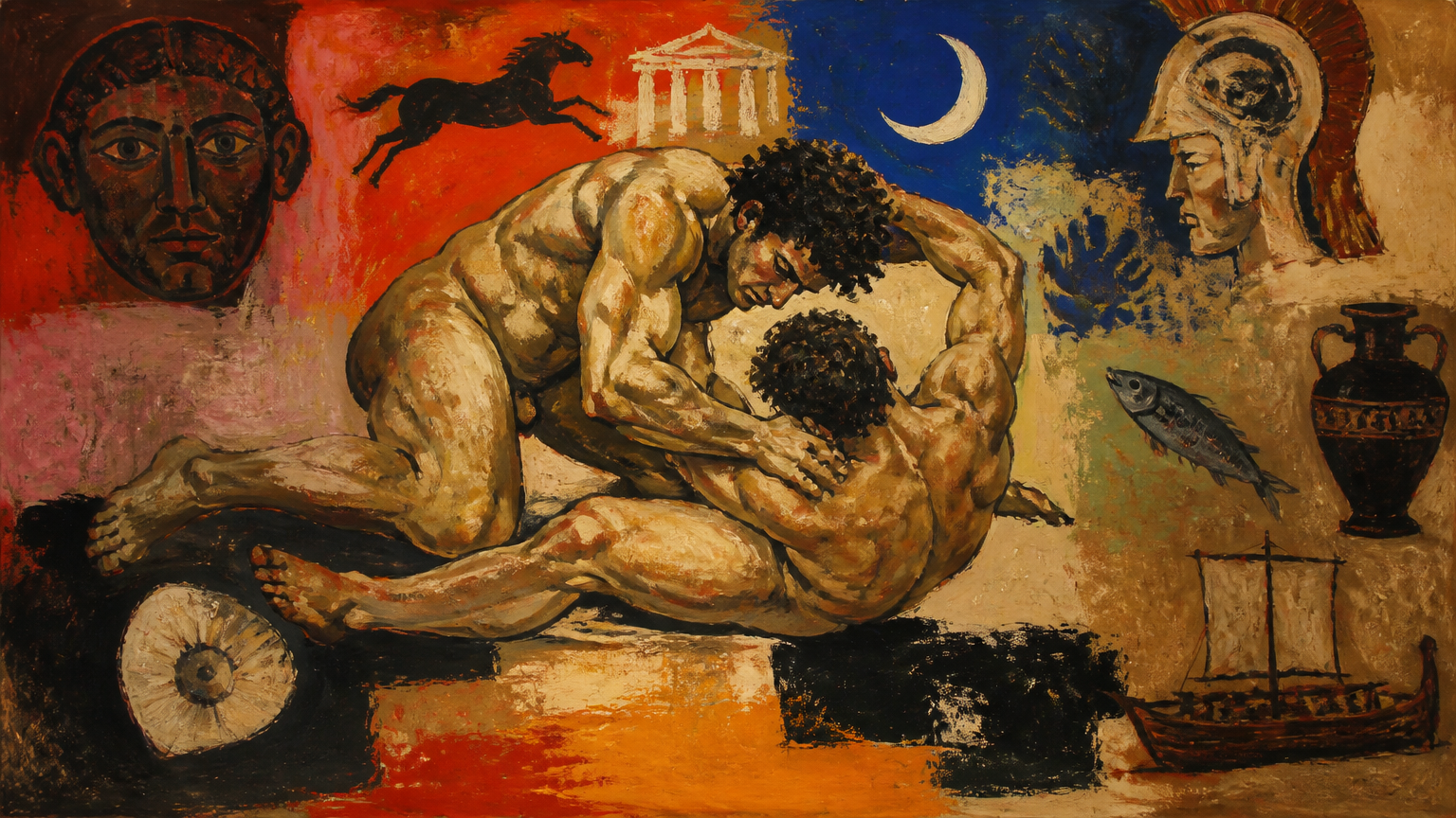two ancient greek ignudi wrestlers fight on the ground