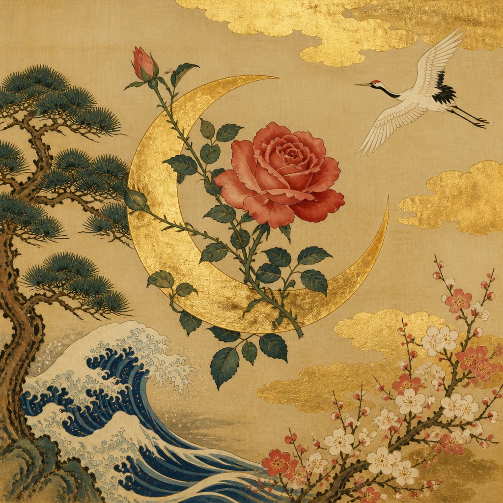 a rose entwined with a crescent moon, clean balanced composition on a plain background, no text