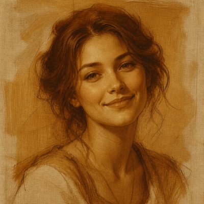 head-and-shoulders portrait of an original character: a young woman with wavy chestnut hair and a warm smile, plain soft backdrop