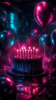 a birthday cake with lit candles surrounded by balloons and confetti, festive vertical composition, no text
