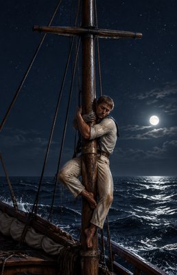 a man climbing up the side of a boat at night