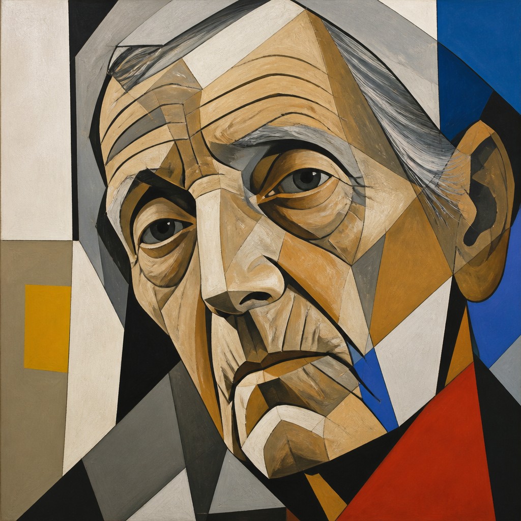 close-up portrait of an elderly person with expressive weathered features — Modernist Art Style