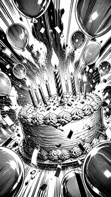 a birthday cake with lit candles surrounded by balloons and confetti, festive vertical composition, no text