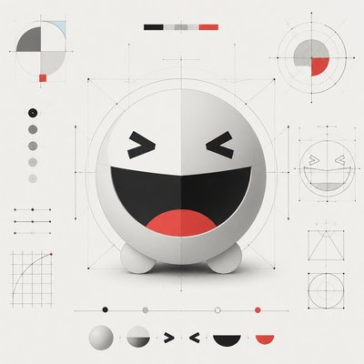 an exaggerated laughing face of an original round mascot character, bold and readable at small size, plain background, no text