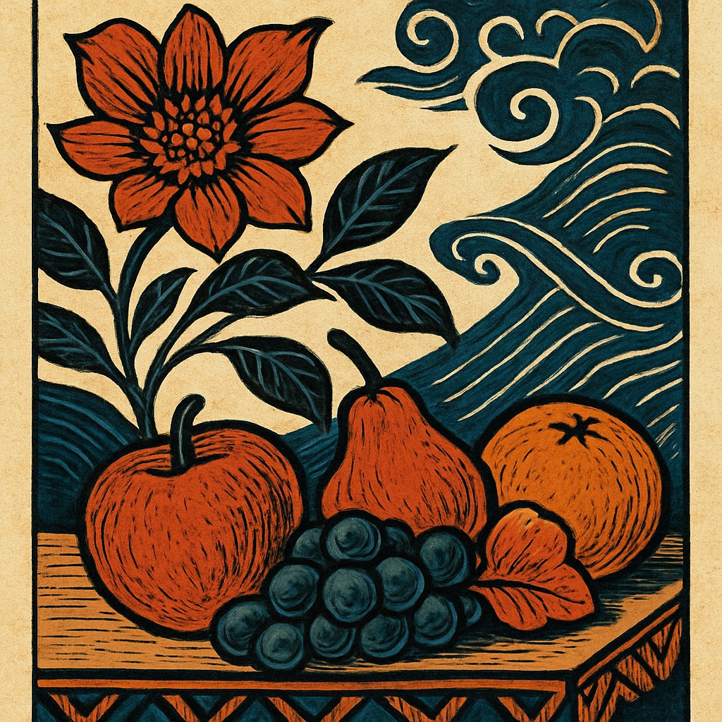 still life arrangement of fruits and flowers