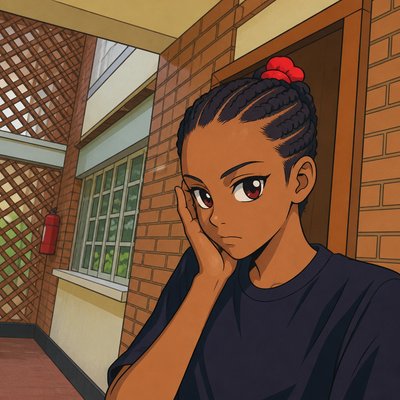 a girl with a red bow on her head