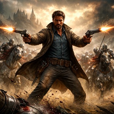 A dramatic epic fantasy scene of a fierce 19th-century Yankee engineer in modern work clothes and coat standing defiantly amid a chaotic medieval battlefield, dual-wielding gleaming Colt revolvers firing with muzzle flashes and smoke trails, facing a charging line of heavily armored knights in full shining plate mail with lances lowered and horses rearing, bullets impacting armor with sparks and dents, knights tumbling in shock and agony, misty Arthurian field with ancient castles and stormy skies in the background at dramatic golden-hour sunset, intense action pose with recoil kick, rich metallic reflections on armor and gun barrels, vibrant crimson blood accents, deep shadows and god-ray lighting piercing through dust and gunpowder haze, hyper-detailed textures on chainmail scratches, fabric tears, and explosive debris, photorealistic cinematic fantasy style, high dynamic range, ultra-detailed 8k masterpiece in the vein of Greg Rutkowski and Simon Stålenhag with epic war realism, absurd violent anachronism from Mark Twain's A Connecticut Yankee in King Arthur's Court, breathtaking composition

