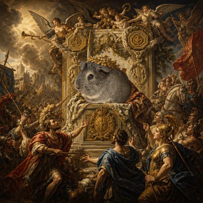 a painting of an animal surrounded by other people