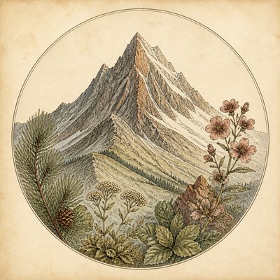 an emblem of a mountain peak inside a circle, simple bold shapes on a plain background, no text or lettering
