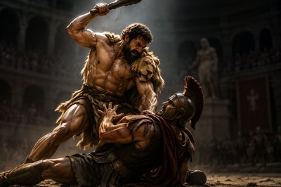 Polyclitus and Heracles fighting each other
