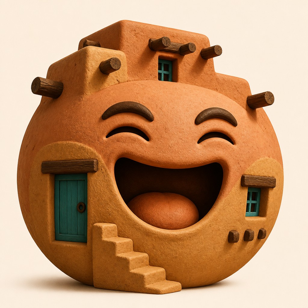 an exaggerated laughing face of an original round mascot character, bold and readable at small size, plain background, no text