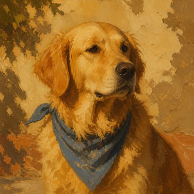 portrait of a golden retriever wearing a blue bandana, warm plain backdrop, no text