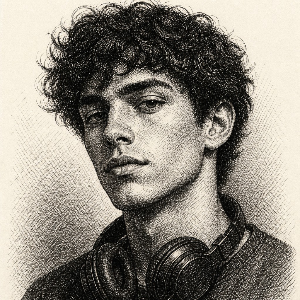 head-and-shoulders portrait of an original character: a young man with curly dark hair and headphones around his neck, plain backdrop, no text