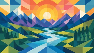 a vast valley with a river winding toward distant mountains at sunrise, no people, no text