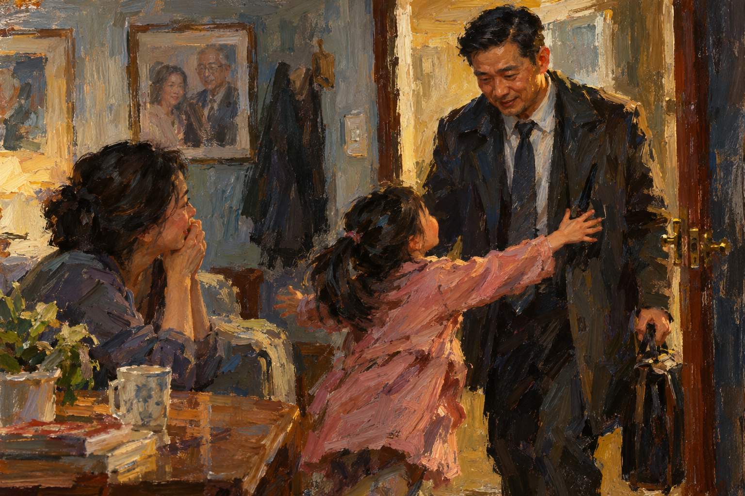 Paint this scene fo rme: At length, they reached a plan in which Ah Zi's father would ask for a leave of absence. It was understandable because of the loss of his wife and father-in-law. He would need time to rearrange his life and make a way to care for Siu-Zi.
Siu Zi spent several weeks wondering each day if Father would come home from work, tension mounting and the apartment becoming more and more quiet, until finally Father would open the door, and the little family would breathe a long sigh of relief.