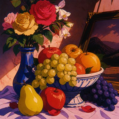 still life arrangement of fruits and flowers