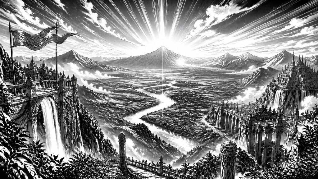 a vast valley with a river winding toward distant mountains at sunrise, no people, no text