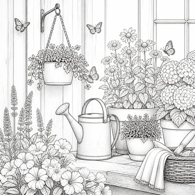 a garden scene with butterflies, flowers and a watering can, clean uncolored line art, no text