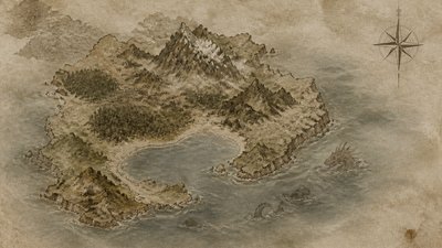 a map of an island realm with mountains, forests, a sheltered bay, sea monsters in the water and a compass rose, no text labels