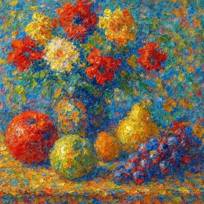 still life arrangement of fruits and flowers