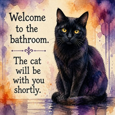 Text:
Welcome to the bathroom. 
The cat will be with you shortly.

Image: black cat