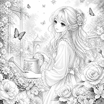 a garden scene with butterflies, flowers and a watering can, clean uncolored line art, no text