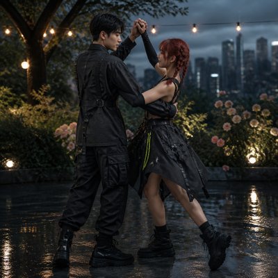 an original couple dancing under string lights in a garden at dusk: a man with short black hair in a linen shirt and a woman with braided red hair in a summer dress