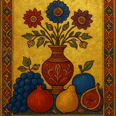 still life arrangement of fruits and flowers