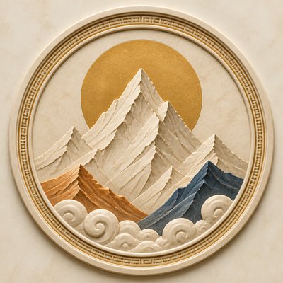an emblem of a mountain peak inside a circle, simple bold shapes on a plain background, no text or lettering