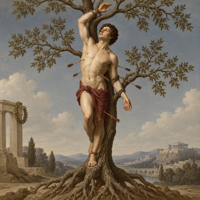 a painting of a naked man standing on a tree