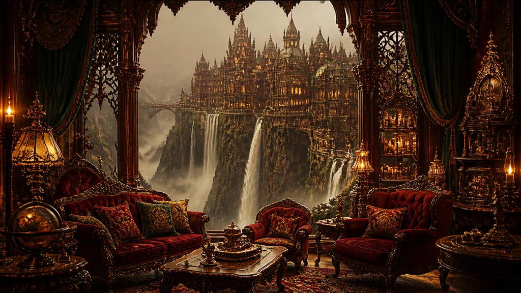 a cliffside city with waterfalls cascading into a misty canyon, wide establishing shot, no people, no text