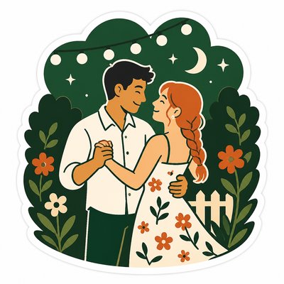 an original couple dancing under string lights in a garden at dusk: a man with short black hair in a linen shirt and a woman with braided red hair in a summer dress
