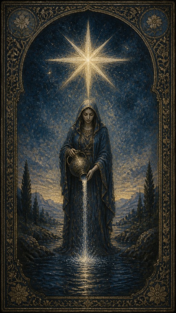 a robed figure pouring water beneath a large eight-pointed star in a night sky, symmetrical composition with an ornate decorative border, no text
