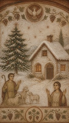 a snow-covered cottage with warm glowing windows beside a decorated pine tree, gentle snowfall, no text
