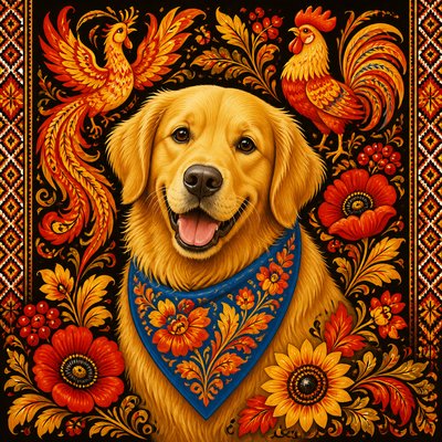 portrait of a golden retriever wearing a blue bandana, warm plain backdrop, no text