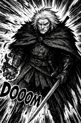 a drawing of a man with a sword in his hand