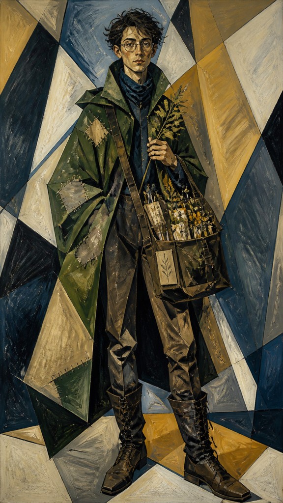 full-body original character: a wandering botanist with a satchel of plants, a patched green cloak, tall boots and round glasses, neutral background