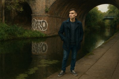 a man standing in front of a river under a bridge