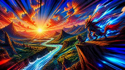 a vast valley with a river winding toward distant mountains at sunrise, no people, no text