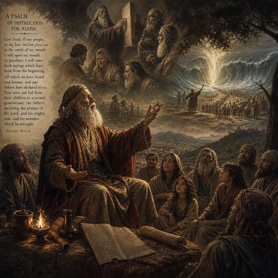 “A Psalm of instruction for Asaph. Give heed, O my people, to my law: incline your ear to the words of my mouth. I will open my mouth in parables: I will utter dark sayings which have been from the beginning. All which we have heard and known, and our fathers have declared to us. They were not hid from their children to a second generations; the fathers declaring the praises of the Lord, and his mighty acts, and his wonders which he wrought.” (Psalms 78:1-4, Brenton Septuagint eSword version)
