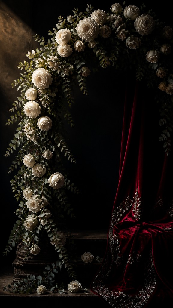an arch of white roses and eucalyptus in soft morning light, elegant vertical composition with open space, no text