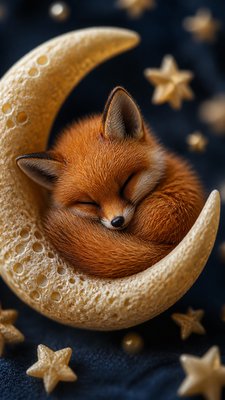 a sleeping baby fox curled on a crescent moon among soft stars, gentle and warm, no text