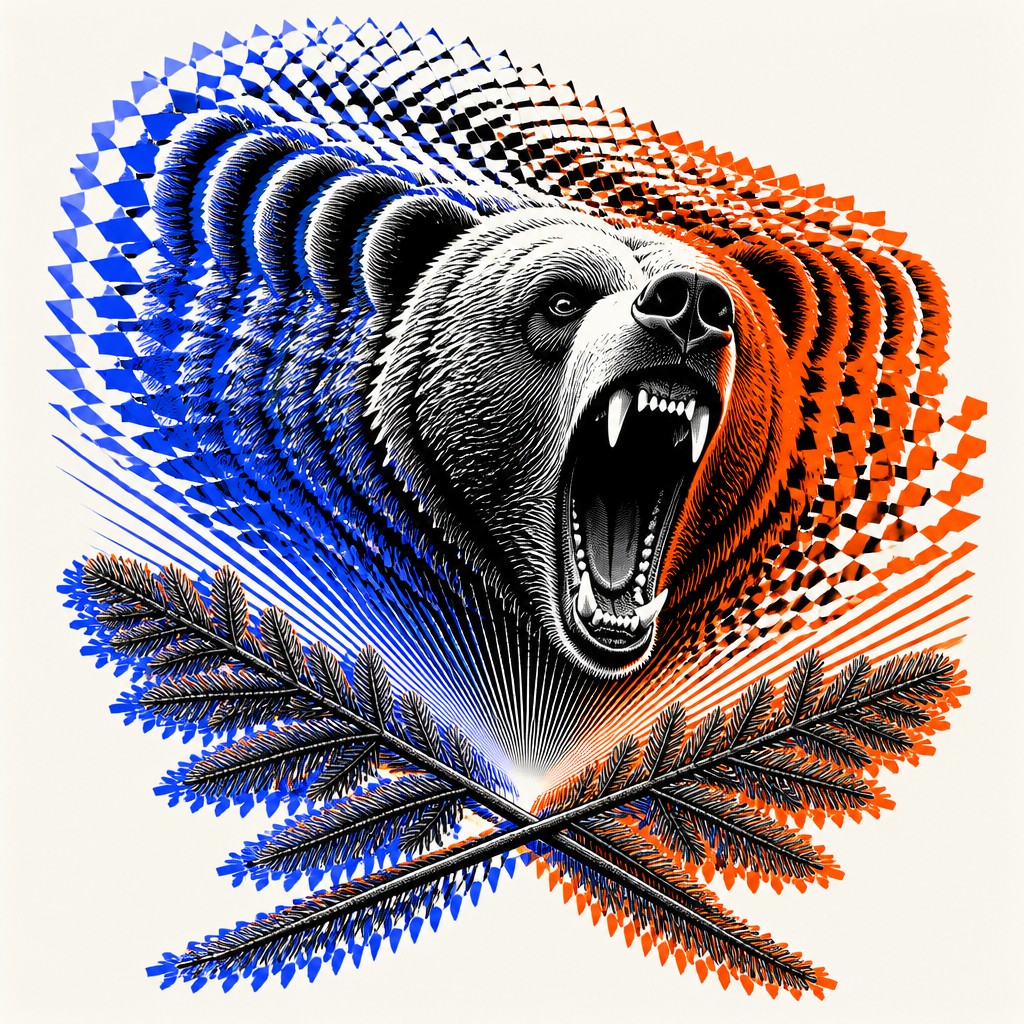 a roaring bear head above crossed pine branches, bold graphic composition on a plain background, no text